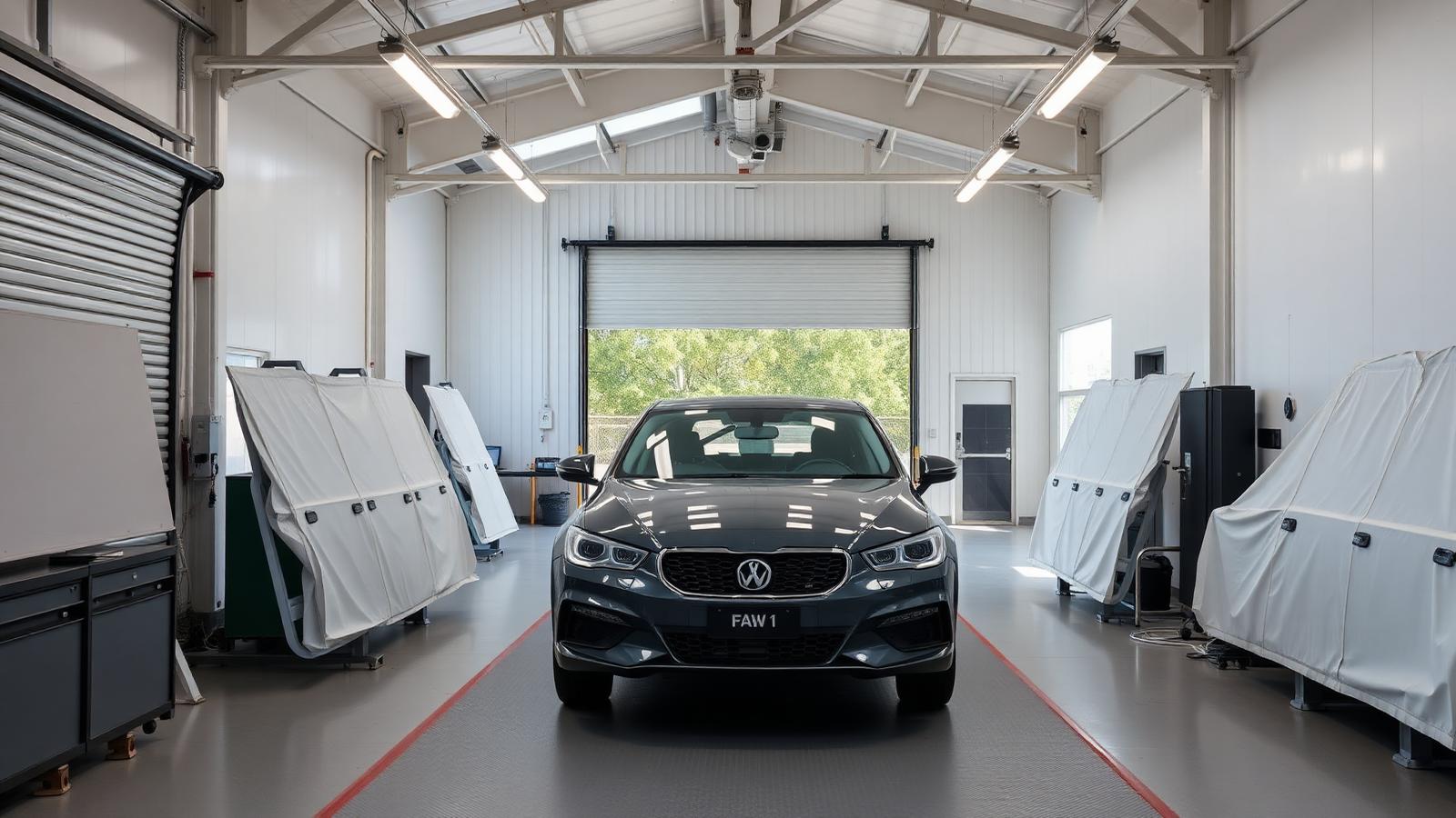 Inside the Orewa Panel & Paint workshop with vehicles being prepared for repair